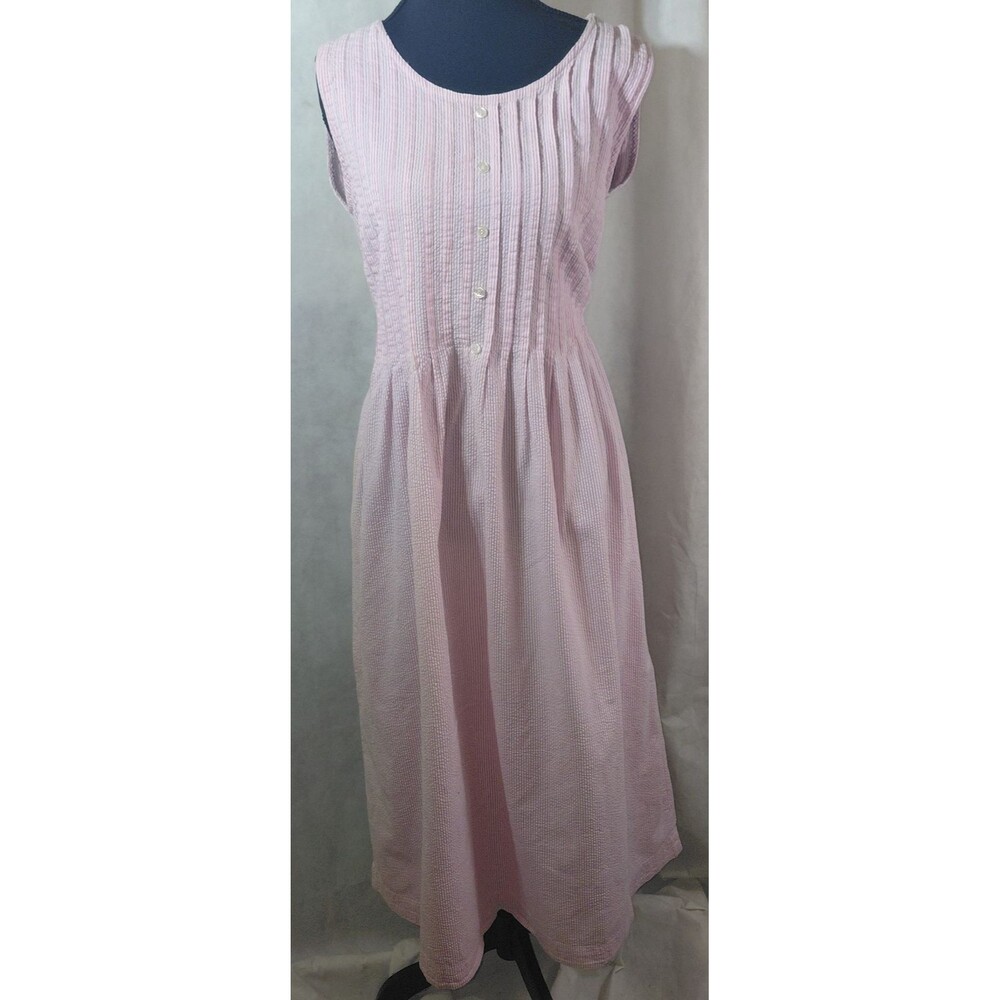 British Khaki Seersucker Midi A-Line Dress Womens 8 Pink White Striped Pleated